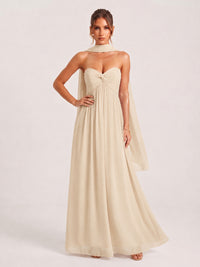 Strapless Ruched Chiffon Long Prom Dress with Scarf