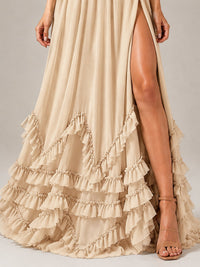 Halter V Neck Chiffon Formal Dress with Lace-Up Back and Ruffle Hem