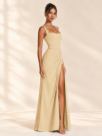 Square Neck Satin Sleeveless Ruched Prom Dress with High Slit