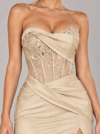 Strapless Satin Prom Dress with Sheer Lace Corset & High Slit