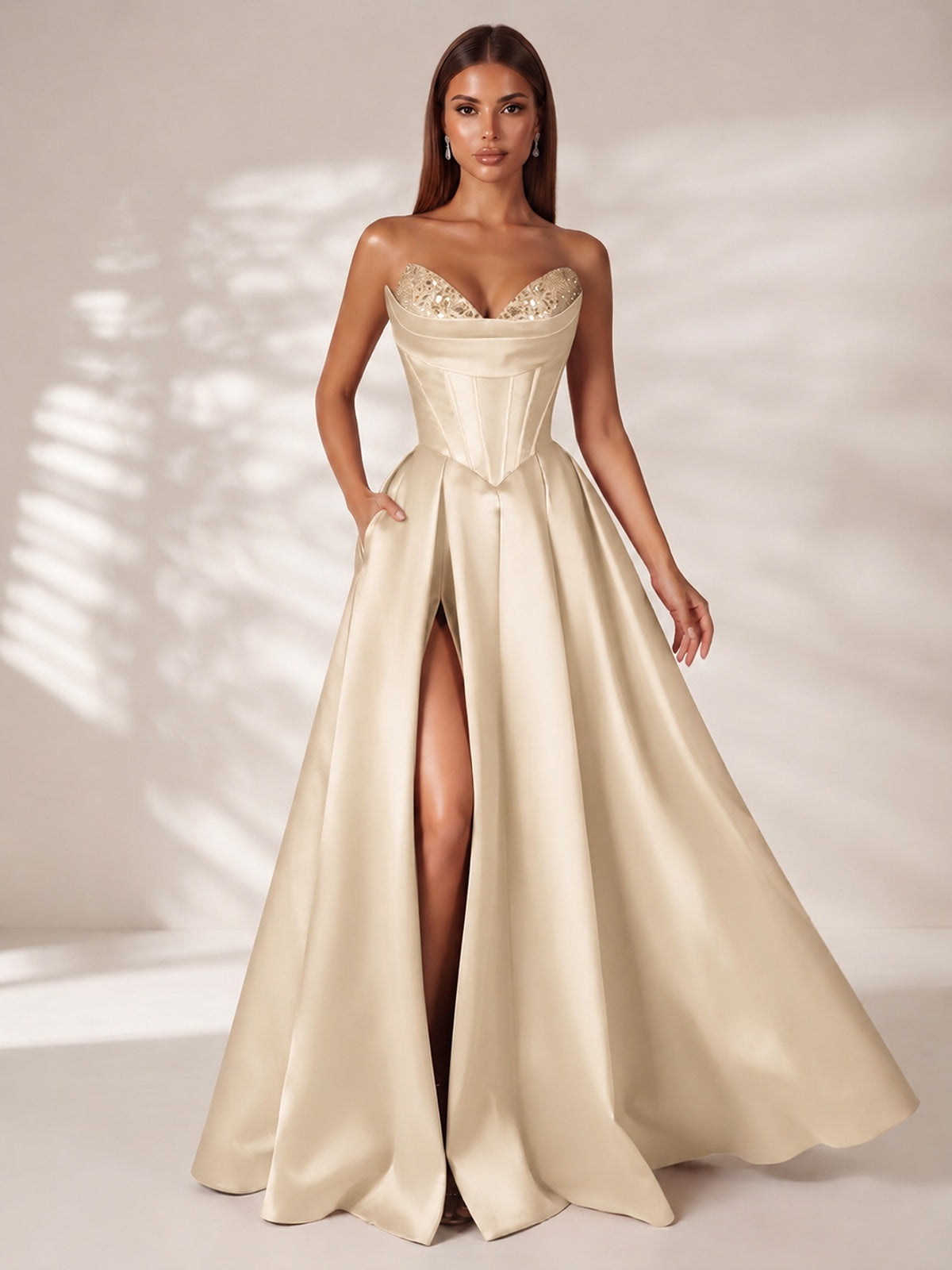 Strapless Corset Satin Prom Dress Long Evening Gown with High Slit