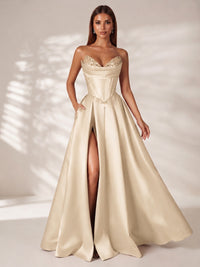 Strapless Corset Satin Prom Dress Long Evening Gown with High Slit
