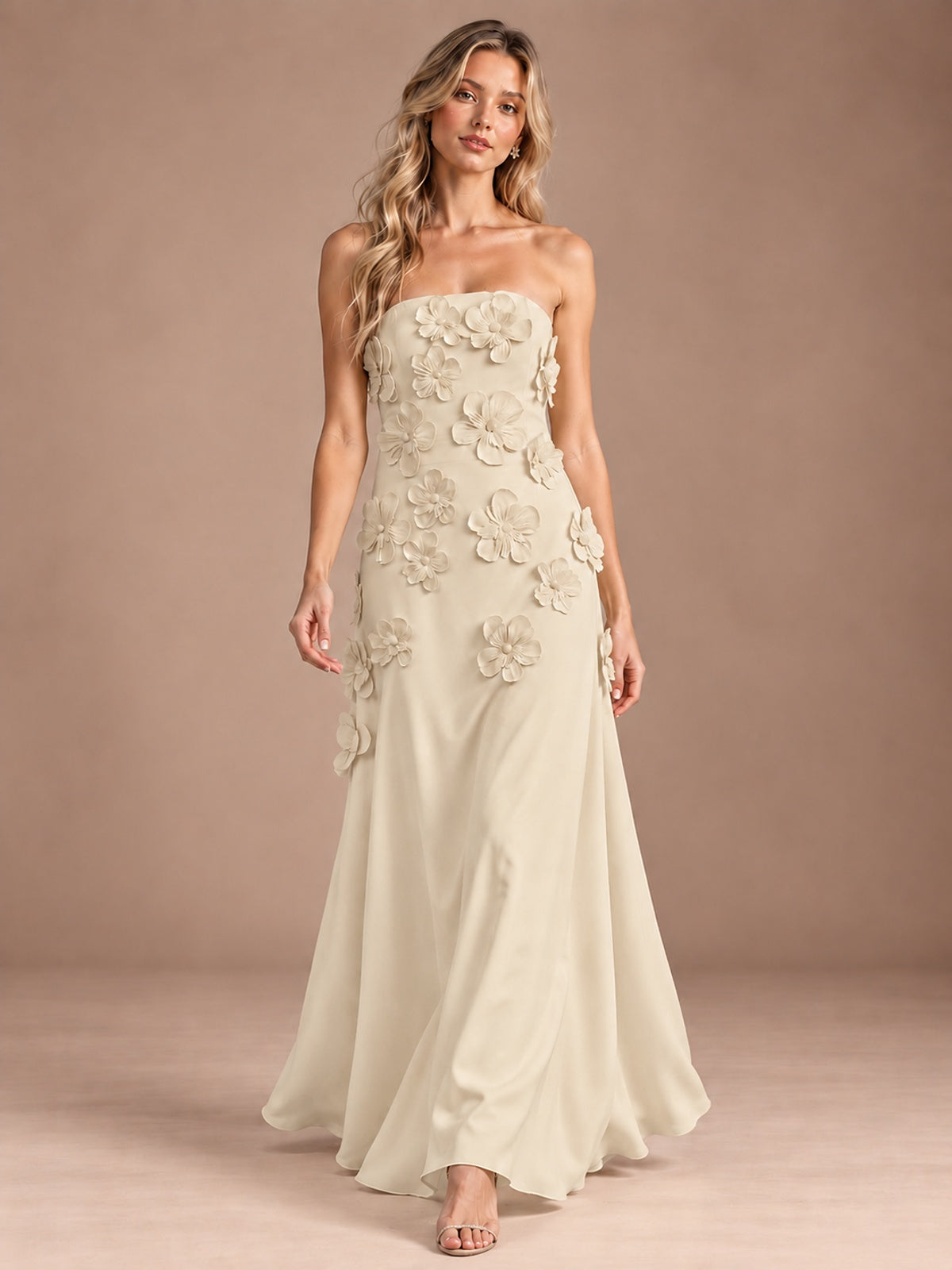 Yellow Strapless A-line Satin Maxi Dress with 3D Floral