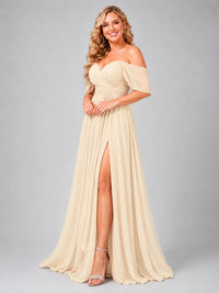 Off Shoulder Chiffon Bridesmaid Dress with Slit