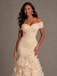 Pink Off-the-Shoulder Mermaid Prom Dress with Ruffles 3D Flowers