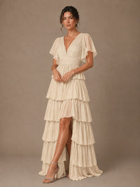 Chiffon V-Neck Tiered Ruffle Bridesmaid Dress with Slit