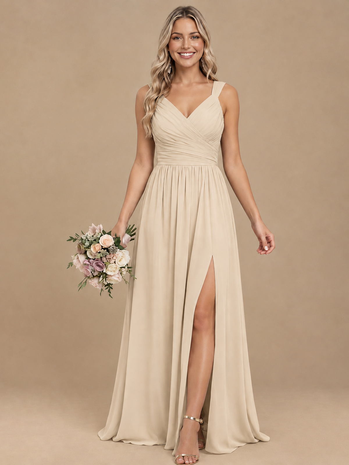 Pleated Chiffon V Neck Wedding Bridesmaid Dresses Floor Length with Slit