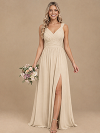 Pleated Chiffon V Neck Wedding Bridesmaid Dresses Floor Length with Slit
