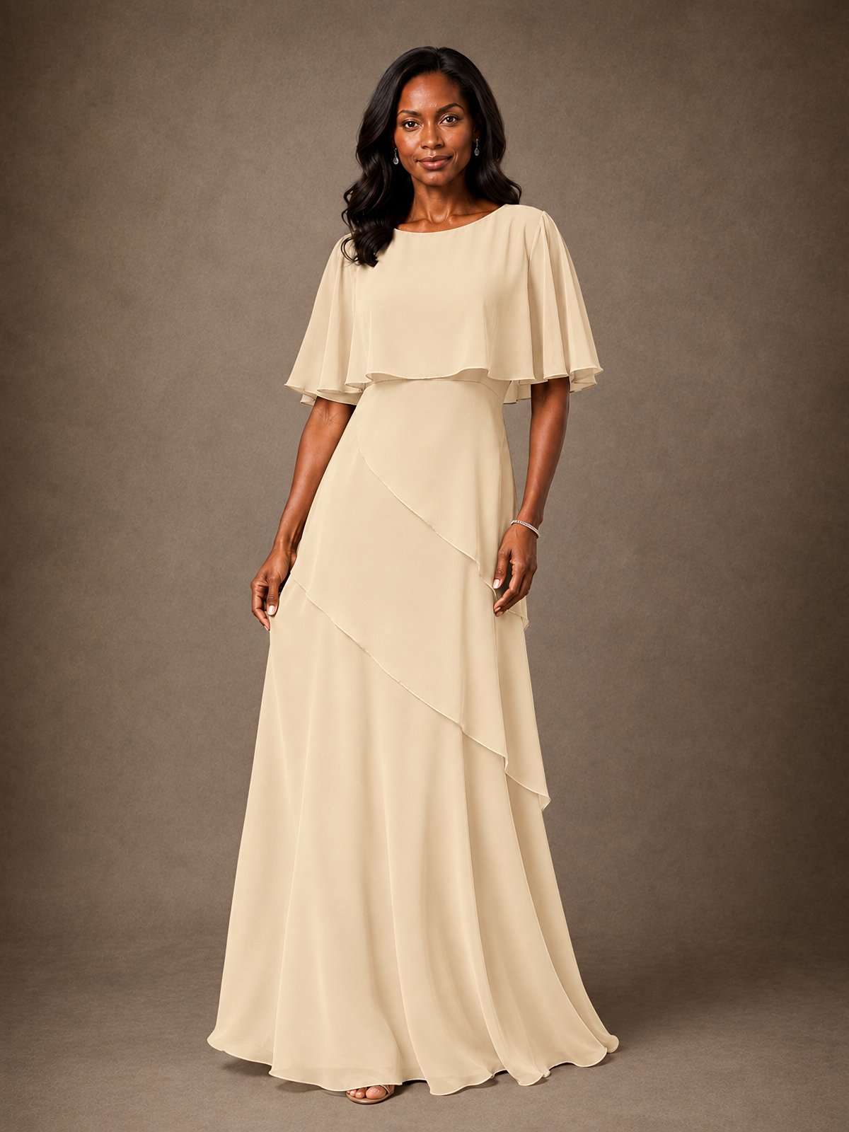 Taupe Chiffon A-Line Mother of the Bride Dress with Cape Sleeves