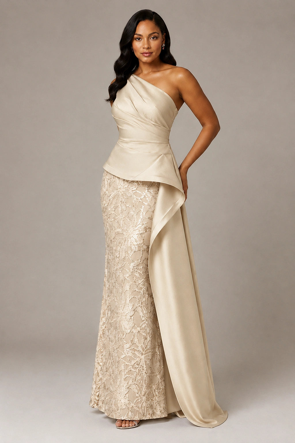 One-Shoulder Mother of the Bride Dress with Sequin Skirt and Peplum