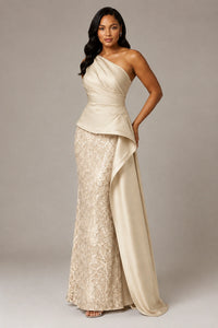 One-Shoulder Mother of the Bride Dress with Sequin Skirt and Peplum
