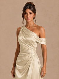 Satin One Shoulder Prom Dress Ruched Long Formal Evening Gown