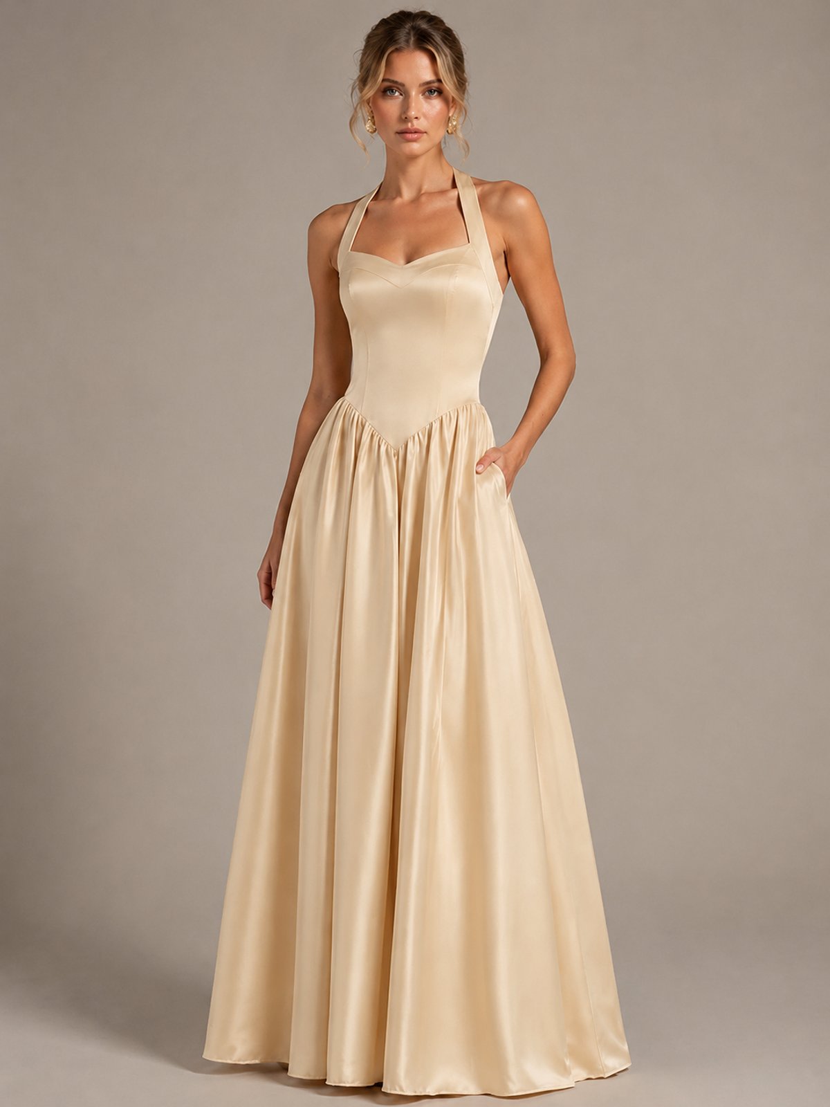 Light Yellow Halter Neck Satin A-Line Maxi Dress with Pockets