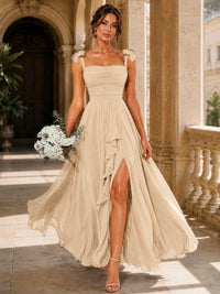 Ruffle Slit Chiffon A Line Scoop Neck Bridesmaid Dresses with Pockets