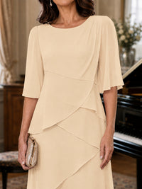 Asymmetric Draped Chiffon Mother of the Bride Dress with Flutter Sleeves