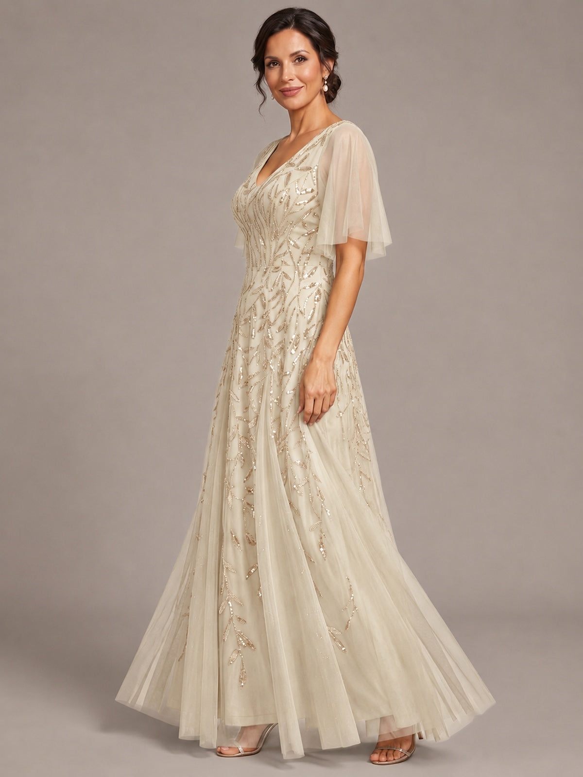 V-Neck Sequin Tulle Mother of the Bride Dress with Flutter Sleeve