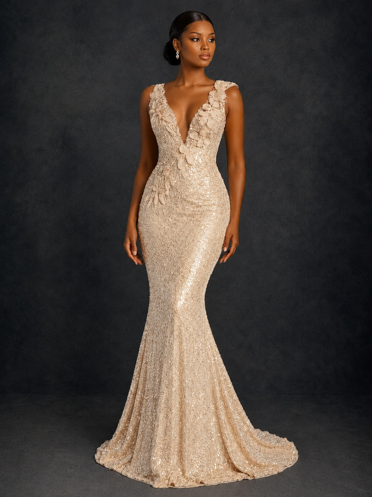 Gold Sequin Floral Applique Mermaid Prom Dress