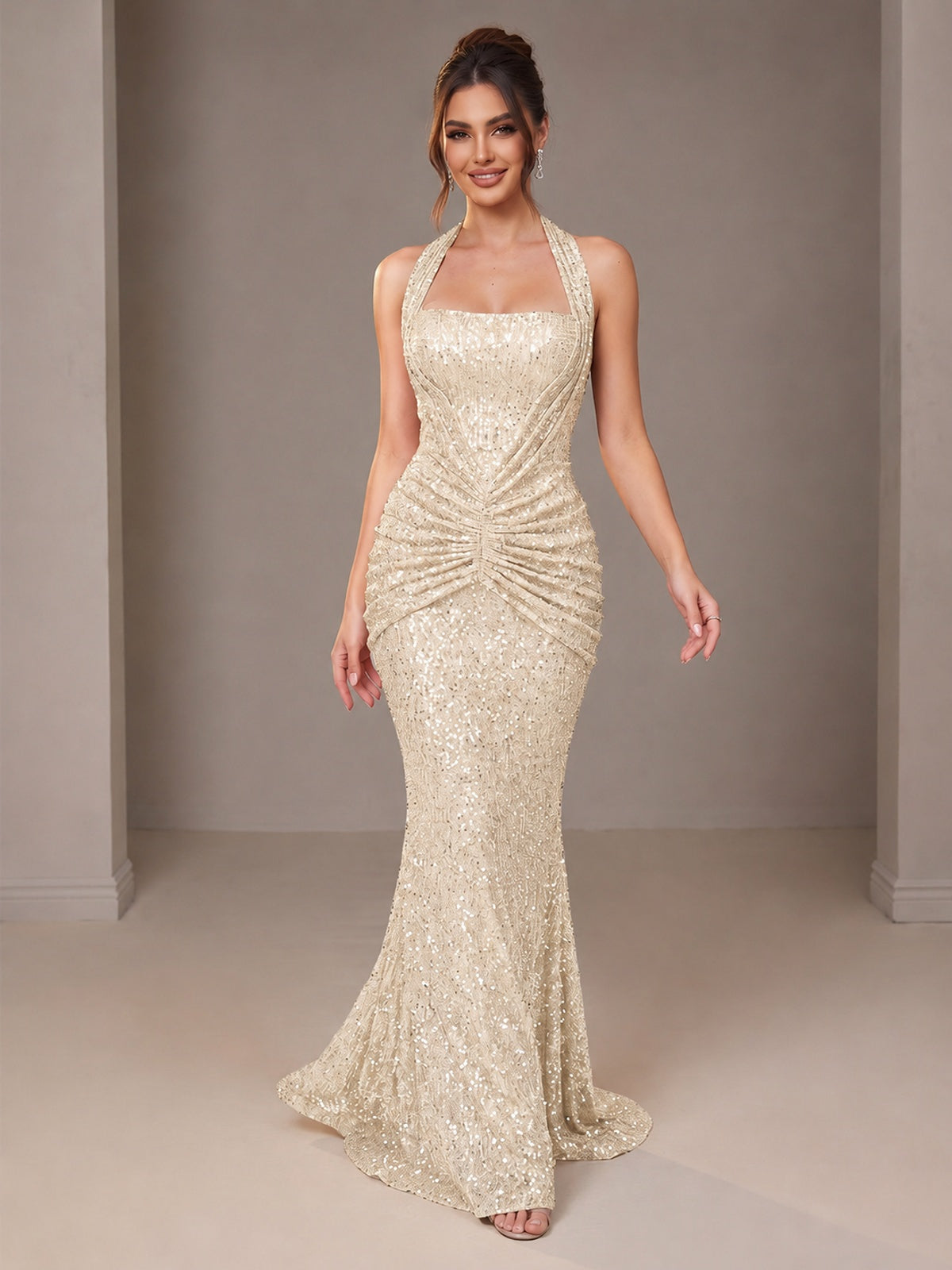 Gold Halter Sequin Mermaid Ruched Prom Dress Long Ruched Evening Gown