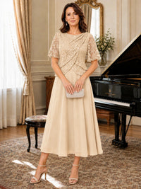 Tea-Length Chiffon Mother of the Bride Dress with Sequin Lace Sleeves