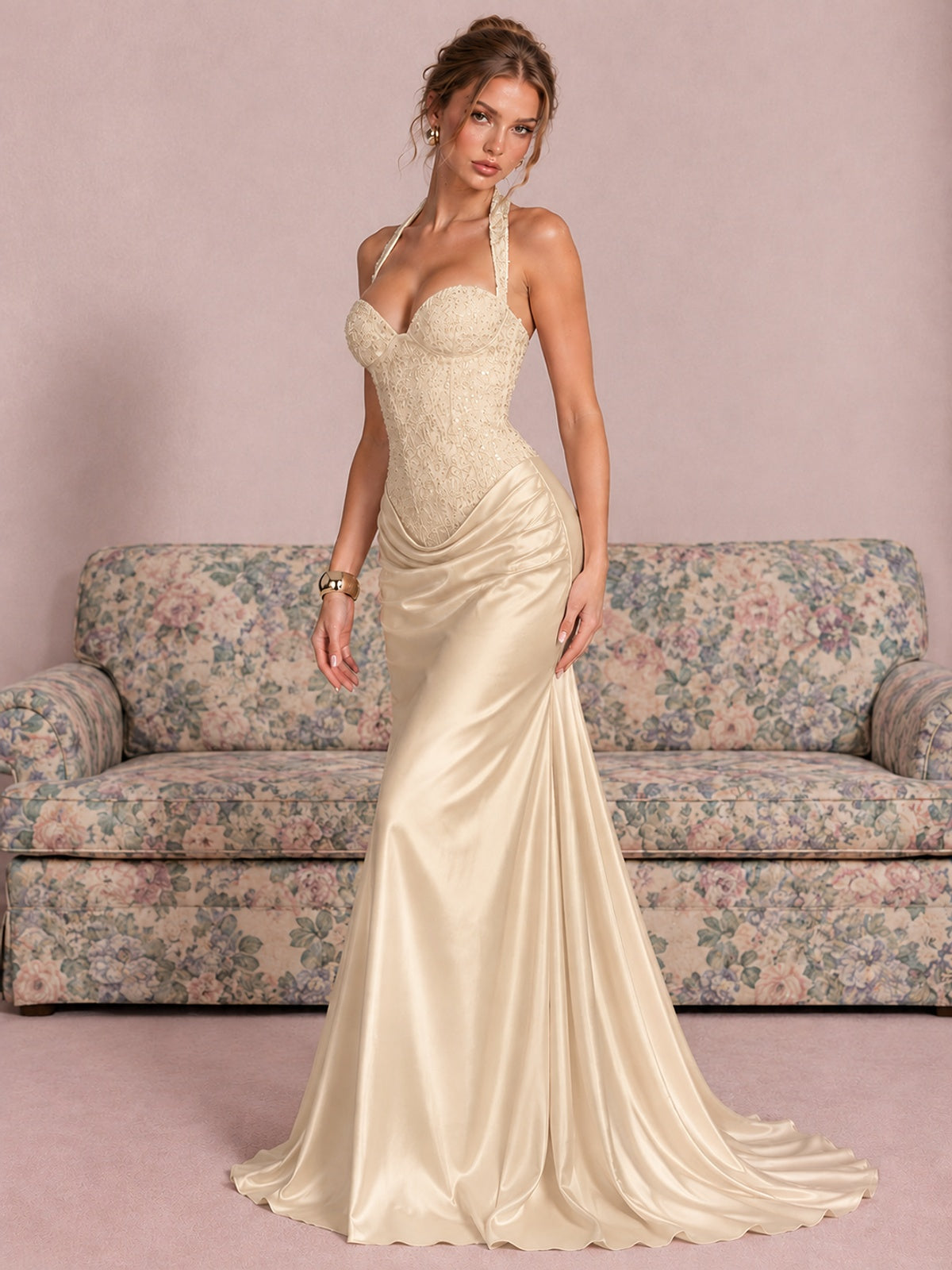 Sparkling Halter Corset Satin Mermaid Prom Dress