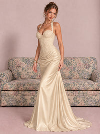 Sparkling Halter Corset Satin Mermaid Prom Dress