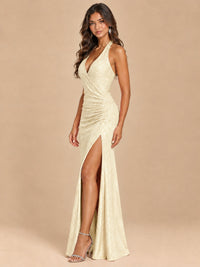 Halter V-Neck Sequin Mermaid Prom Dress with High Slit