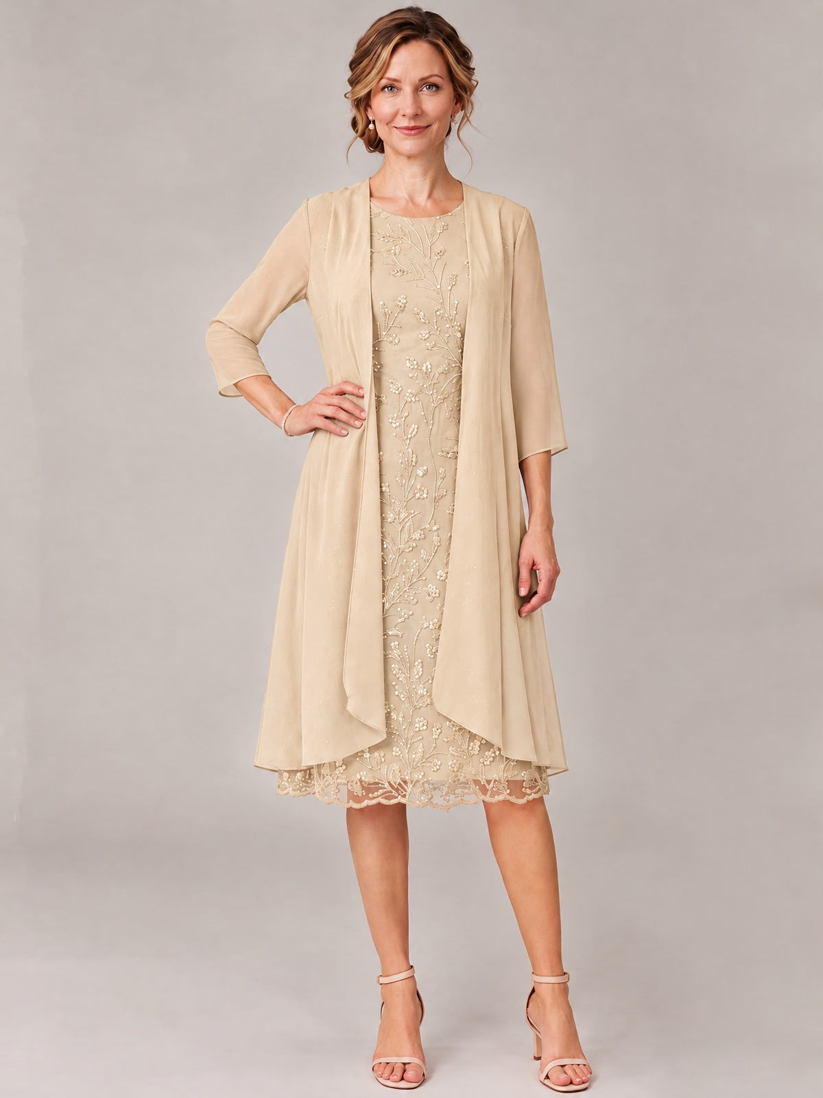 Tea Length Sequin Lace Mother of The Bride Dress with Chiffon Jacket