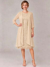 Tea Length Sequin Lace Mother of The Bride Dress with Chiffon Jacket