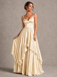 Lavender Satin V-Neck Ruffle Maxi Dress