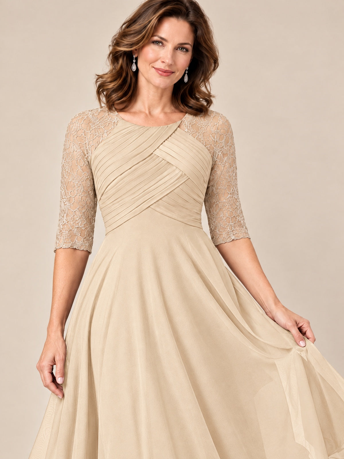 Tea-Length Mother of the Bride Dress with Lace 3/4 Sleeves