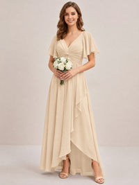 Dusty Blue Chiffon Bridesmaid Dress with Flutter Sleeves & High-Low Hem