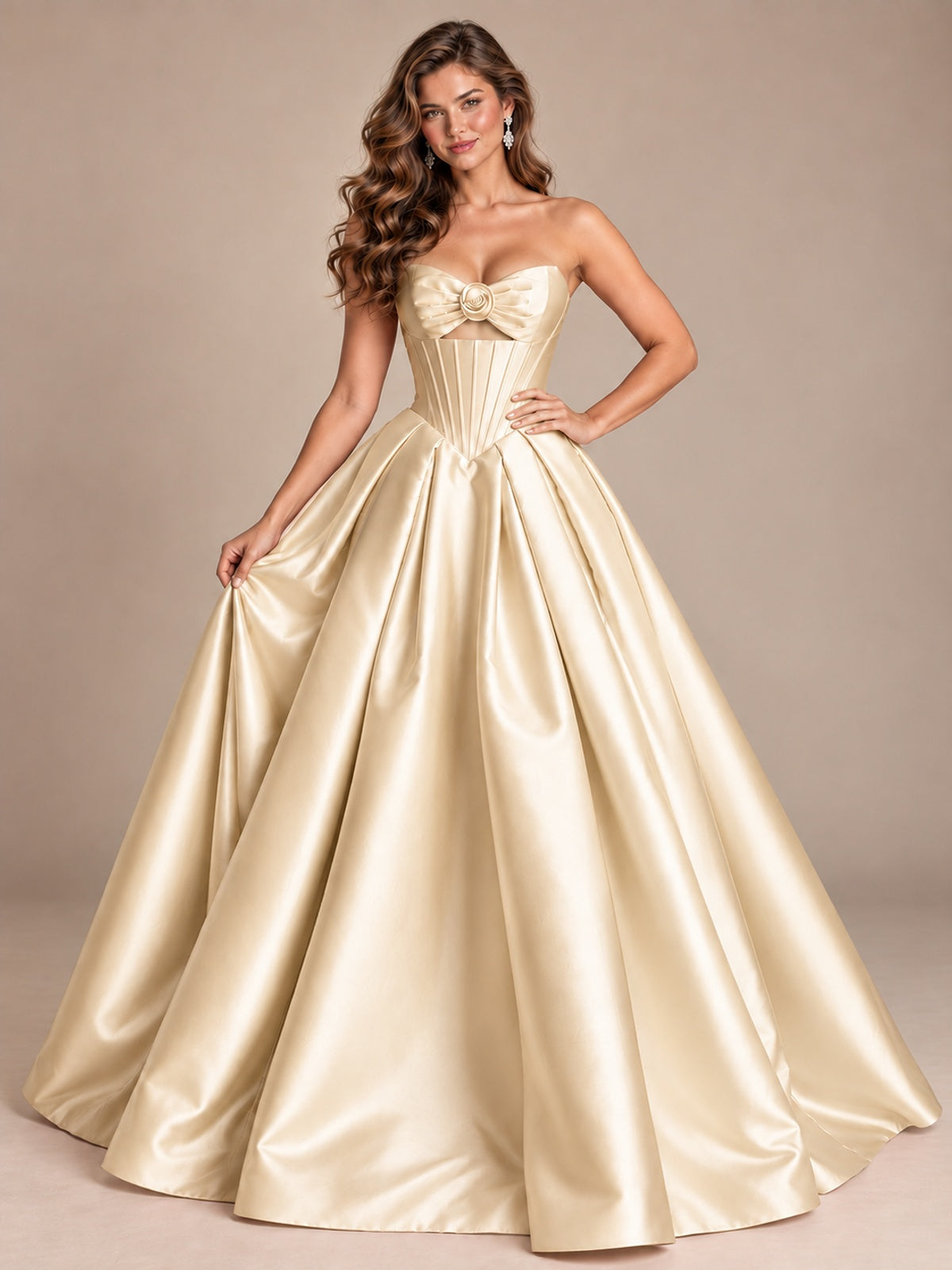 Pink Strapless Corset Satin Prom Derss & Ball Gown with 3D Floral
