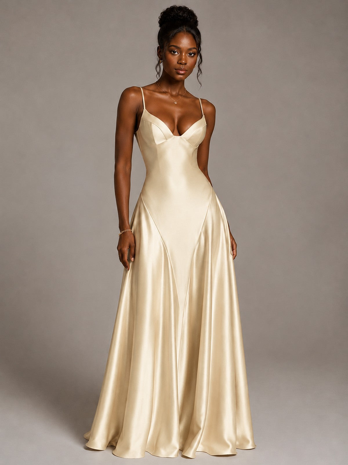 Lavender V Neck Satin Prom Dress with Spaghetti Straps