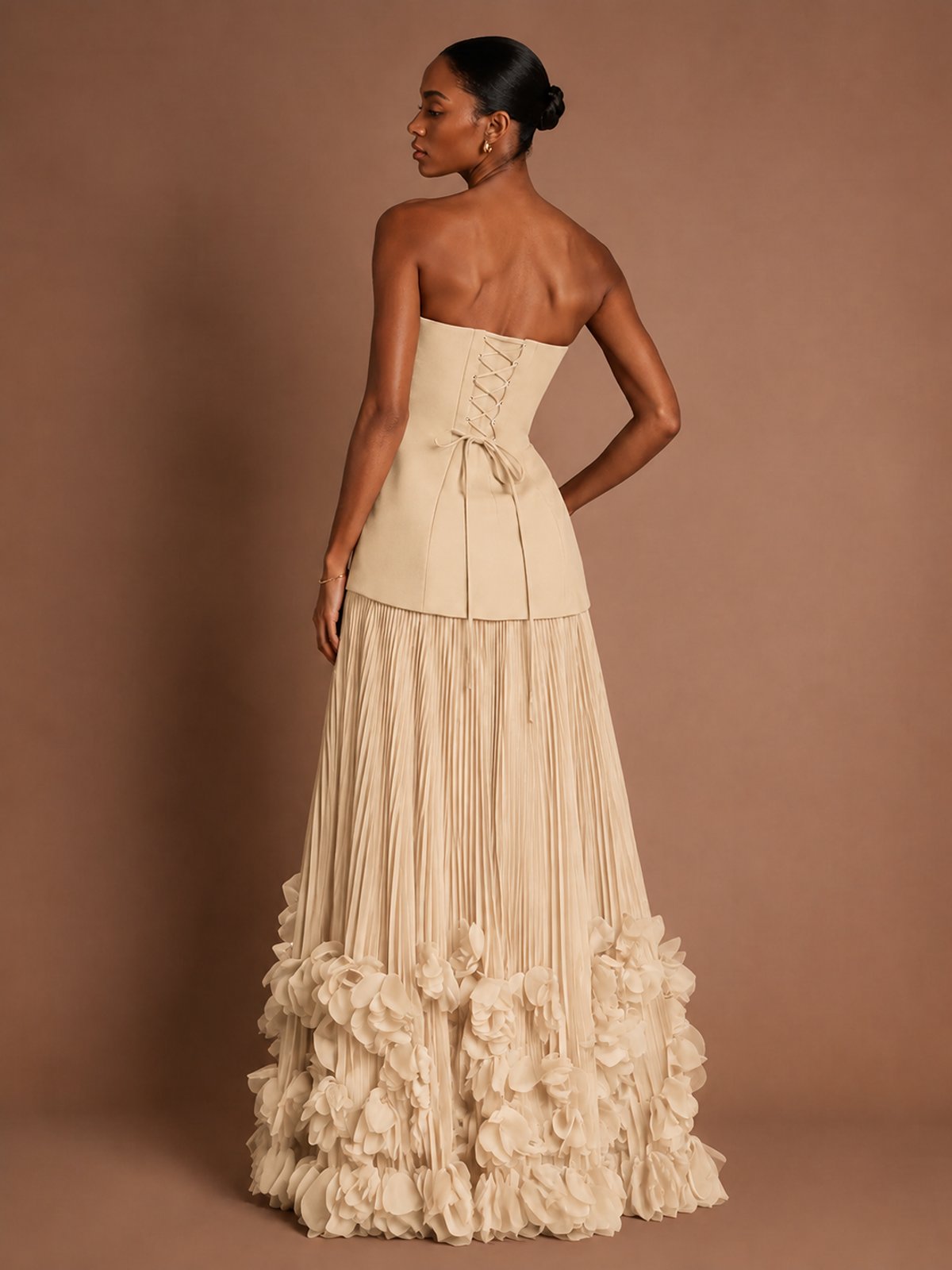 Strapless Pleated Floral Satin Formal Dress with Side Slit