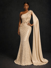 Gold Sequin One Shoulder Mermaid Prom Dress with Cape