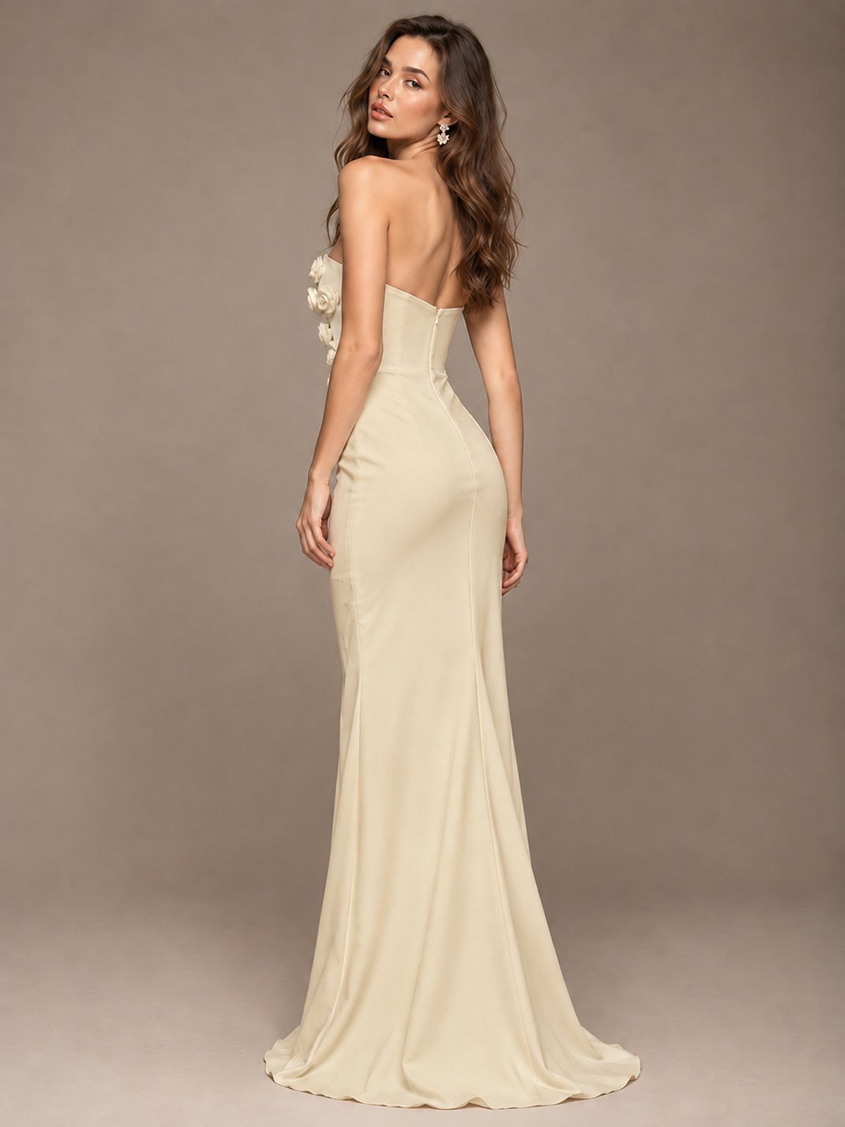 White Strapless Mermaid Maxi Dress with 3D Floral Appliques