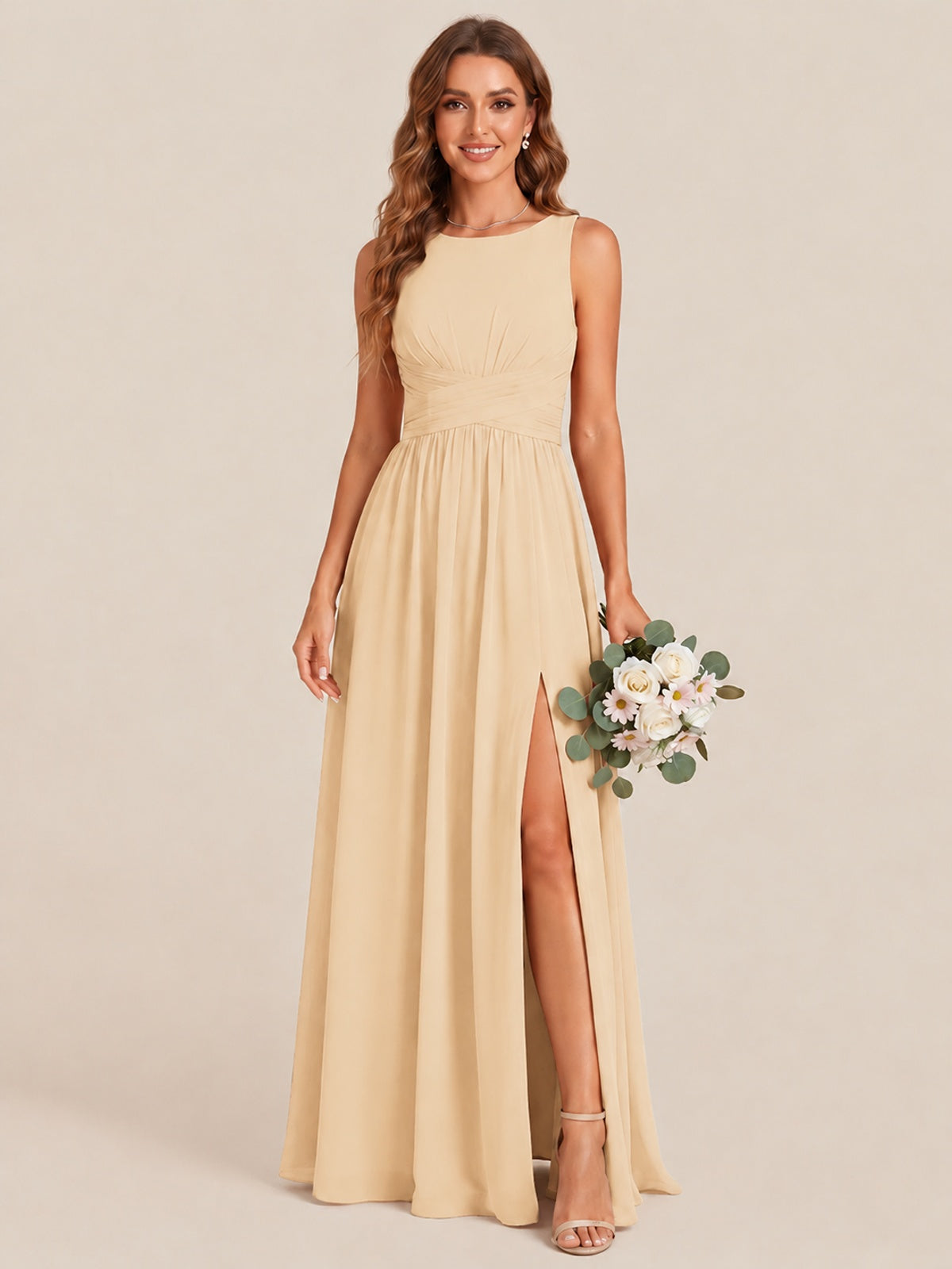 A-line Sleeveless Rucehd Chiffon Bridesmaid Dress with High Slit