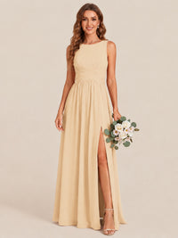 A-line Sleeveless Rucehd Chiffon Bridesmaid Dress with High Slit