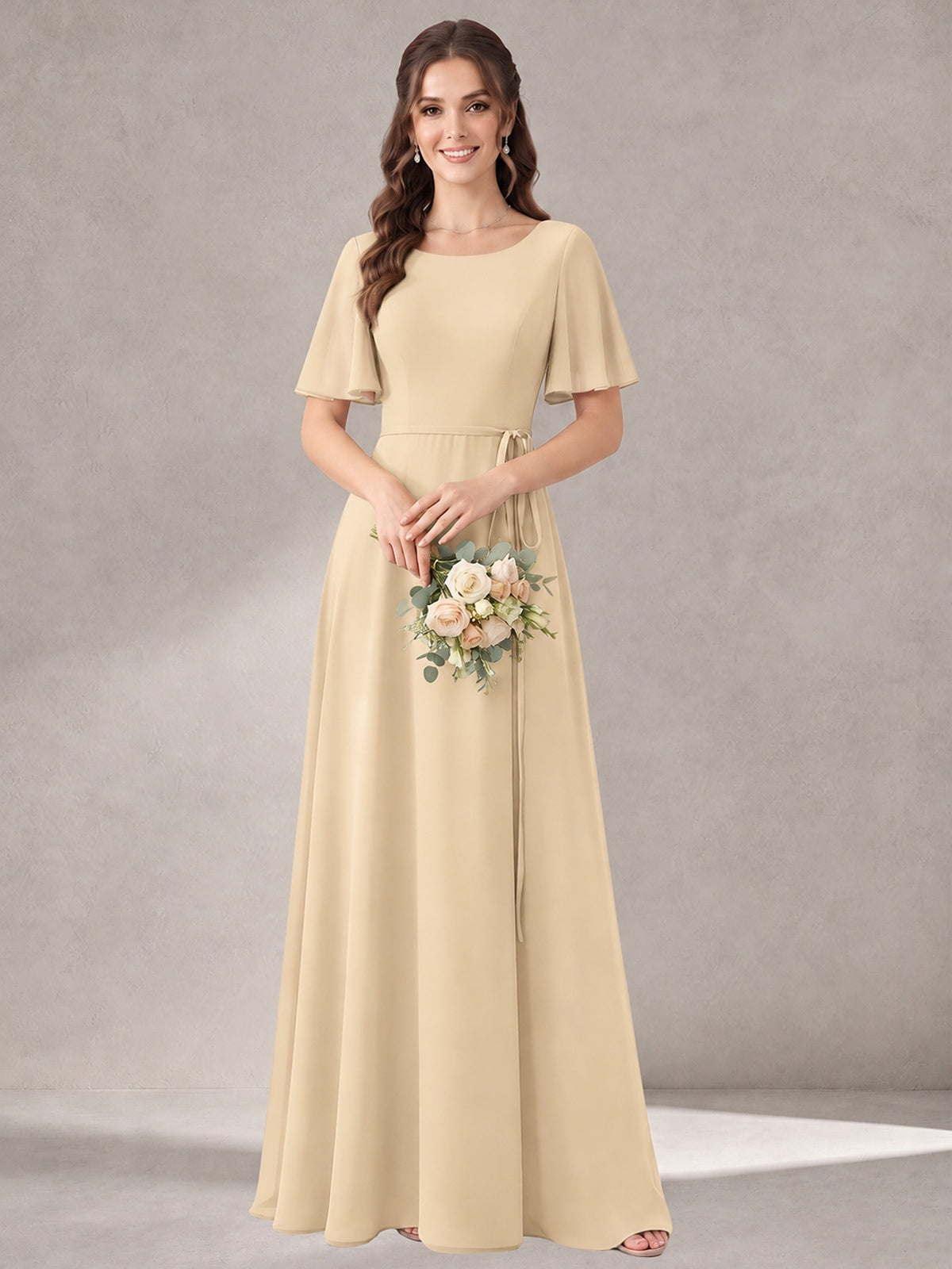 Scoop Neck A-line Chiffon Bridesmaid Dress with Flutter Sleeve & Belt