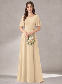 Scoop Neck A-line Chiffon Bridesmaid Dress with Flutter Sleeve & Belt