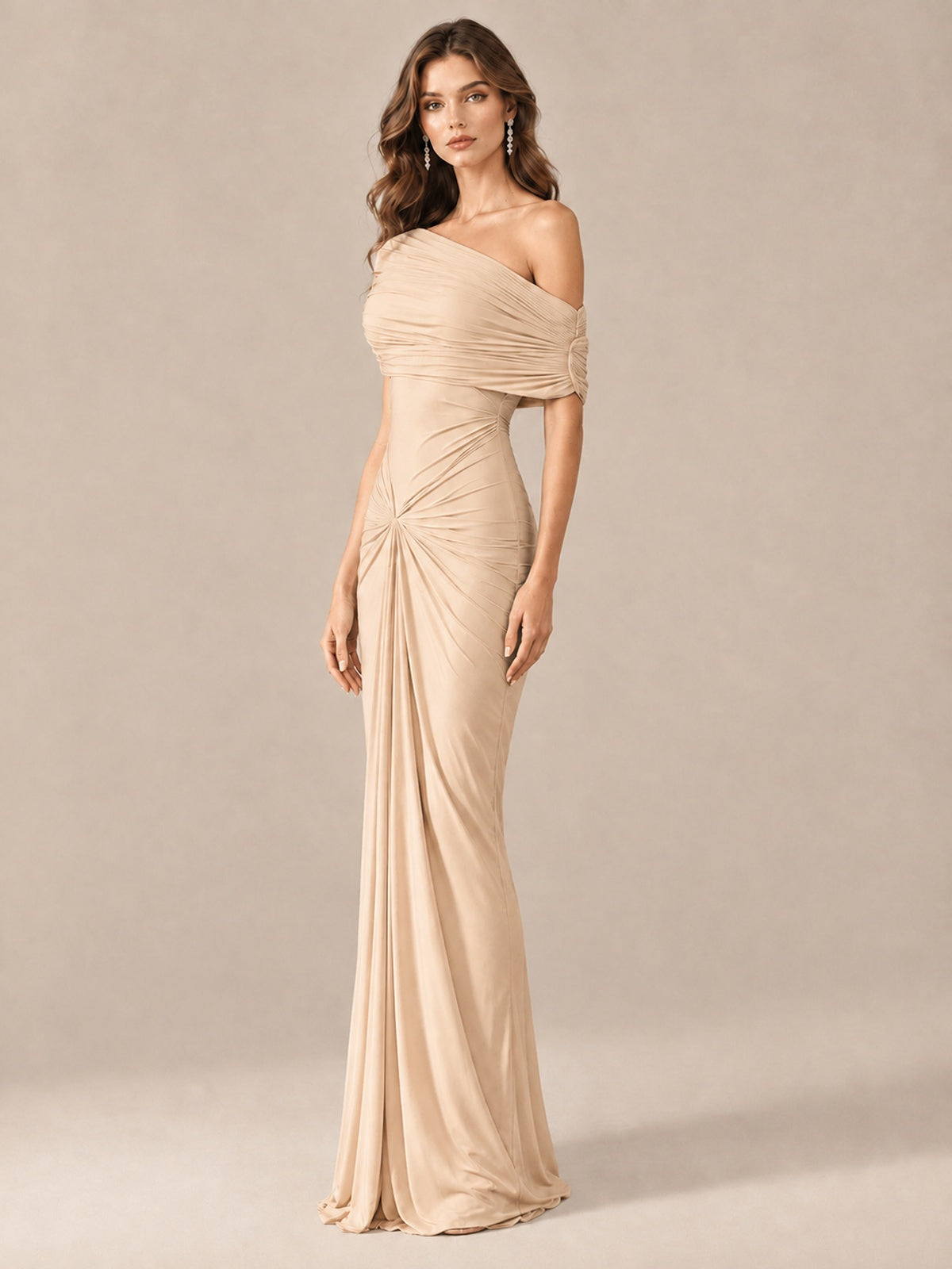 Elegant Draped Off Shoulder Ruched Mermaid Chiffon Formal Evening Gown