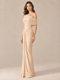 Elegant Draped Off Shoulder Ruched Mermaid Chiffon Formal Evening Gown
