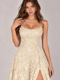 Floral Lace A-Line Prom Dress with Spaghetti Straps & High Slit