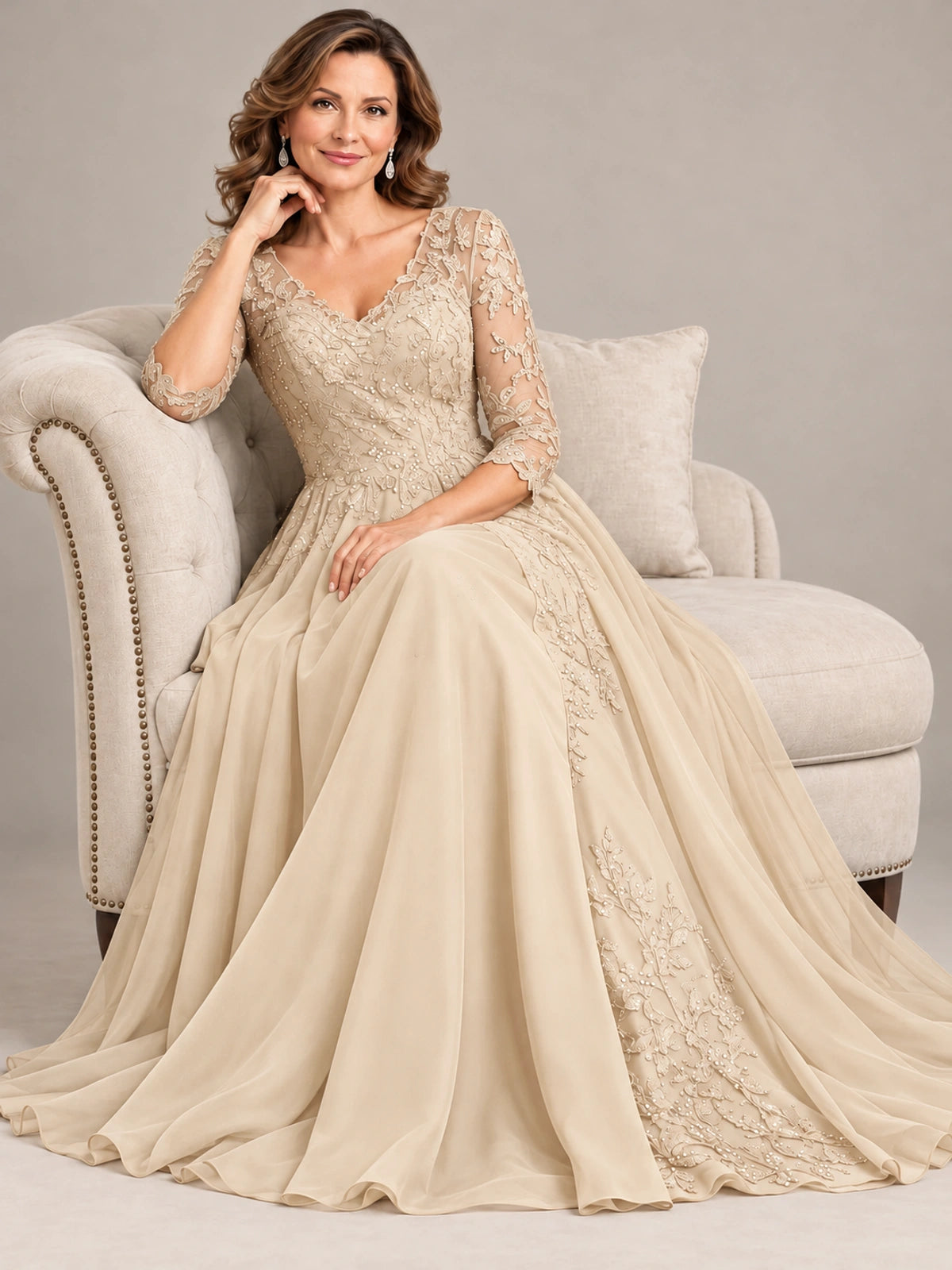Sequin Lace A-Line Mother of the Bride Dress with 3/4 Sleeves