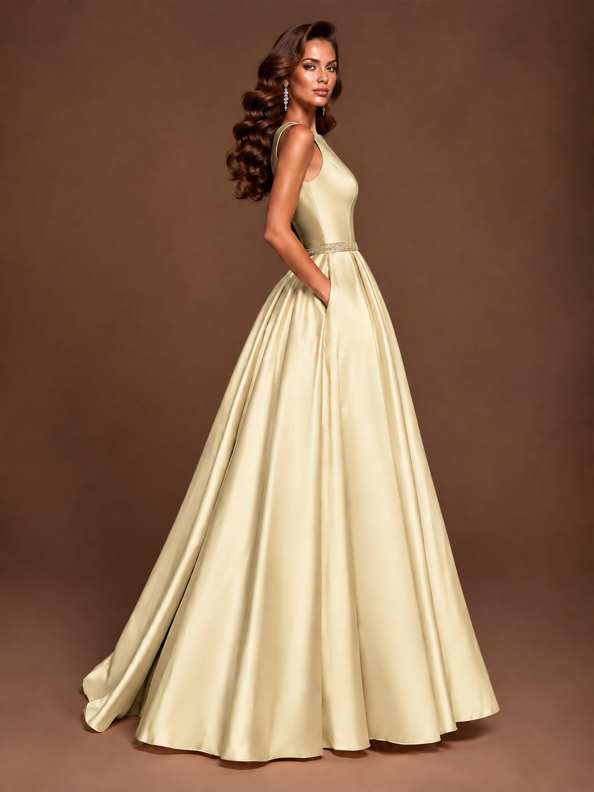 Satin A-Line Prom Dress Sleeveless Beaded Waist Formal Gown with Pockets