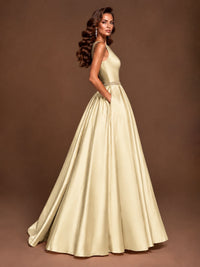 Satin A-Line Prom Dress Sleeveless Beaded Waist Formal Gown with Pockets