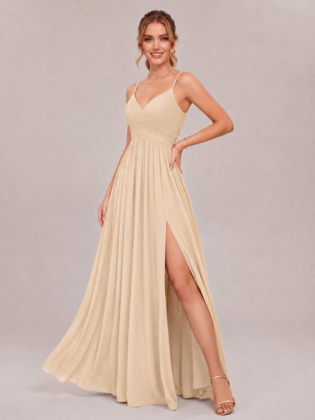 V-Neck Pleated Chiffon Long Bridesmaid Dress with Slit