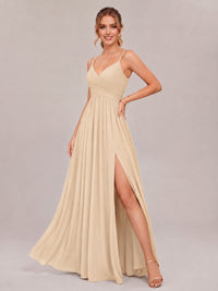 V-Neck Pleated Chiffon Long Bridesmaid Dress with Slit