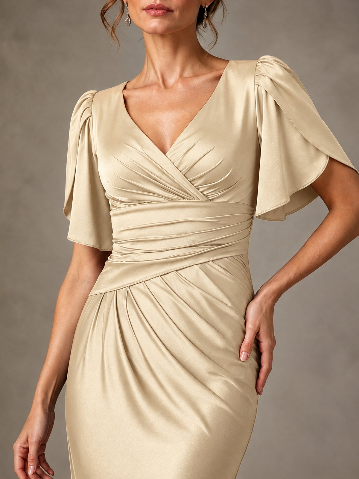 V-Neck Satin Mother of the Bride Dress with Flutter Sleeves