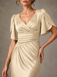 V-Neck Satin Mother of the Bride Dress with Flutter Sleeves